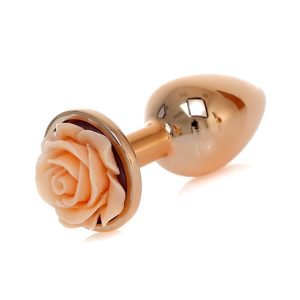 Plug metálico rose gold com rosa em coral
